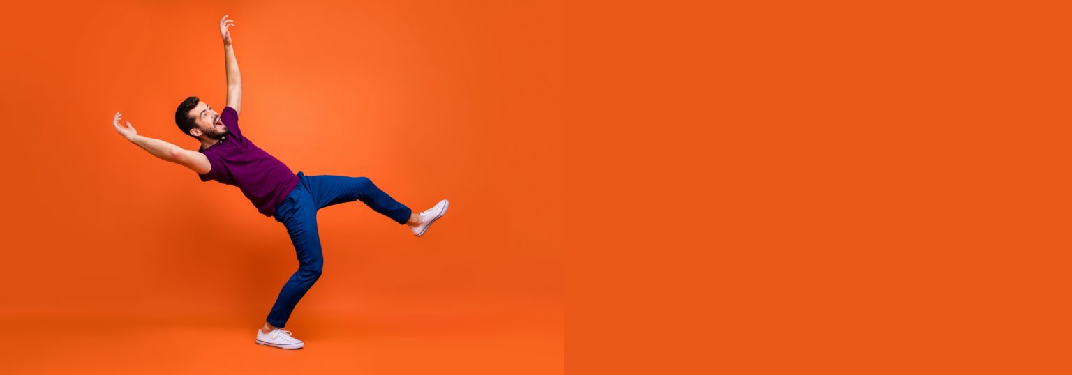Side profile full length body size of confused man falling down being ...